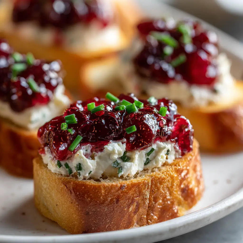 Cranberry Pepper Jelly Bruschetta: The Easiest Holiday Appetizer 2 A close-up view of a single piece of cranberry pepper jelly bruschetta, showing the creamy texture of the cheese and the glossy jelly.