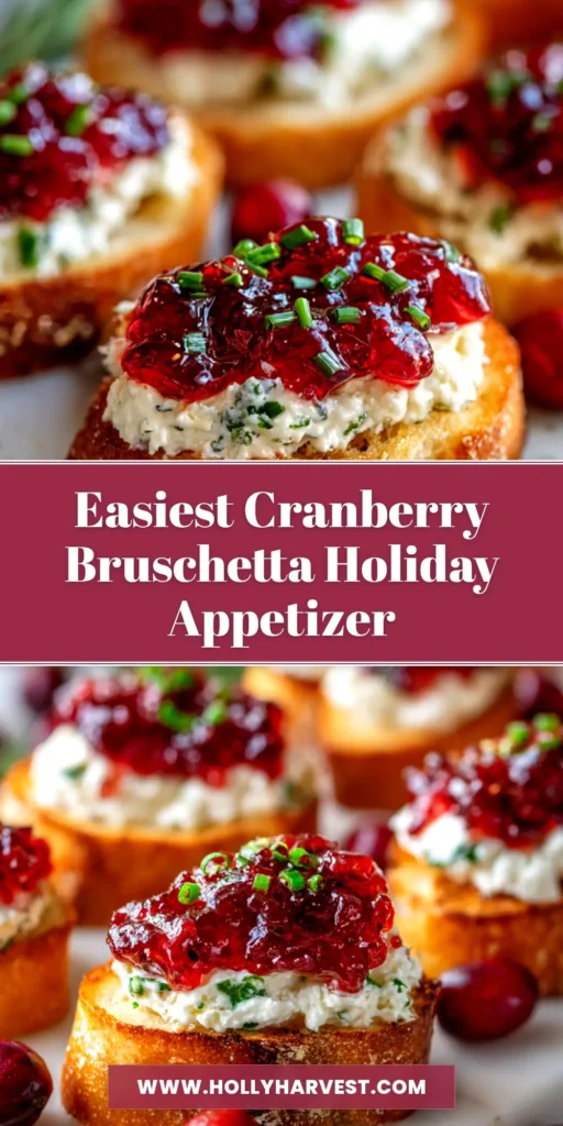 A shareable pin image of Cranberry Pepper Jelly Bruschetta, showing a platter of the festive appetizer with text overlay for Pinterest.