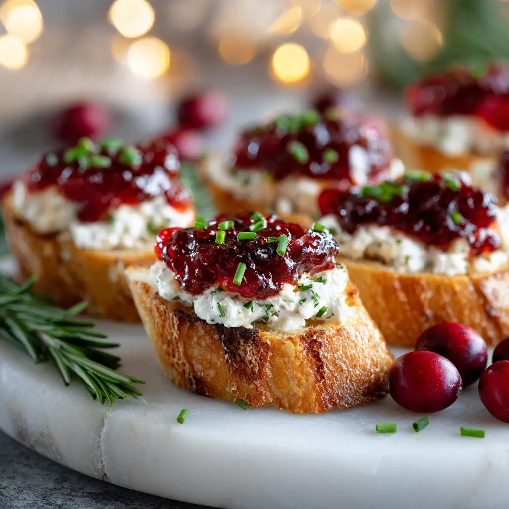 A platter of Cranberry Pepper Jelly Bruschetta being served at a holiday party, showcasing it as an easy party appetizer.