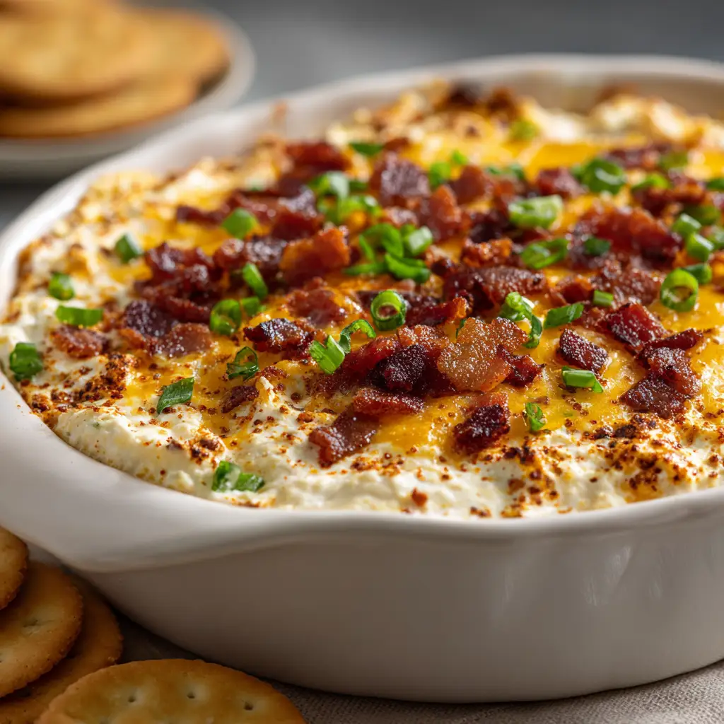 Thanksgiving Appetizer: The Ultimate 5-Ingredient Bacon Cheddar Dip 2 A close-up view of a creamy bacon cheddar dip, a simple holiday appetizer, being scooped with a cracker.