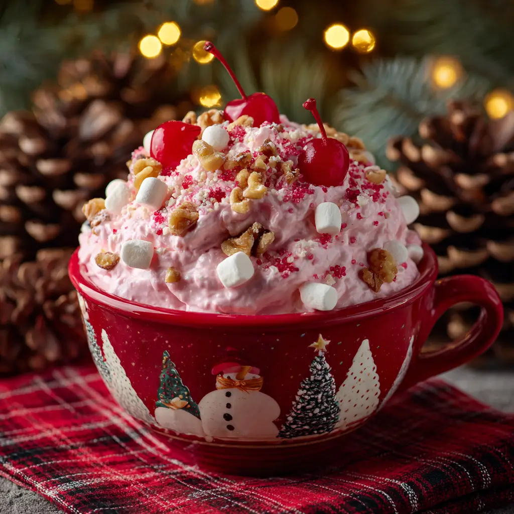 Christmas Cherry Fluff: The Easiest Holiday Dessert Salad 2 A spoonful of creamy cherry fluff salad being lifted from a bowl, showing the light and airy texture of the holiday dessert.