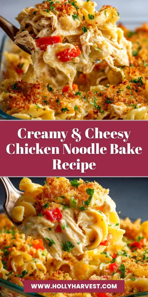 A delicious and creamy chicken noodle bake in a white baking dish, ready to be served. The perfect comforting weeknight dinner recipe.