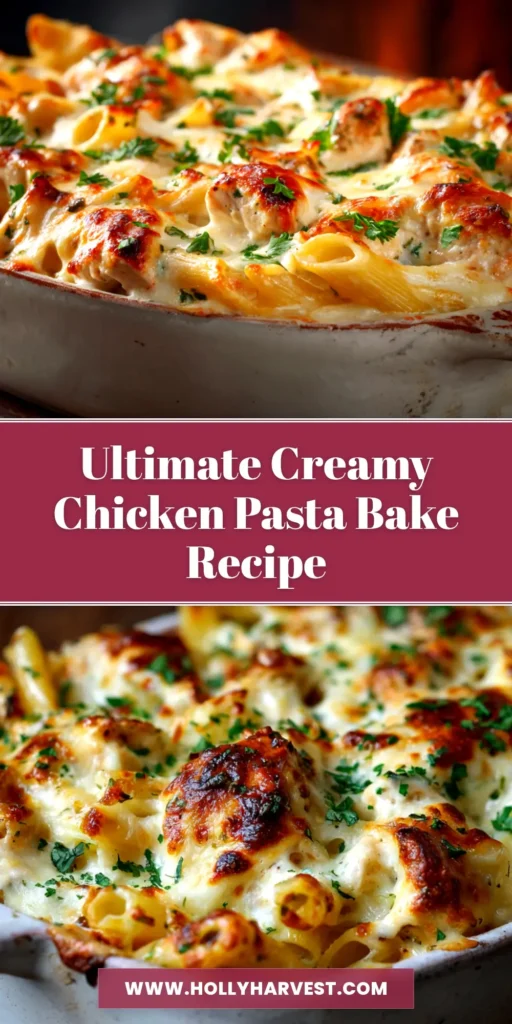 An overhead shot of a delicious Creamy Chicken Pasta Bake in a white baking dish, ready to be shared. The pasta is golden and bubbly on top.