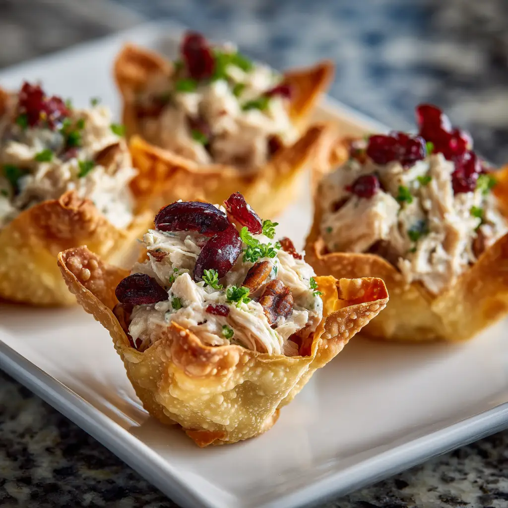 Chicken Salad Wonton Cups (The Perfect 30-Minute Appetizer) 1 A single chicken salad wonton cup bite held up, showing the creamy filling and crispy shell. A perfect party food idea.