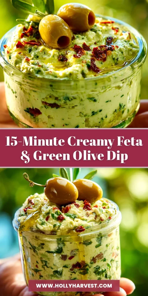 A bright overhead shot of a bowl of creamy feta and green olive dip, garnished with fresh dill and served with pita chips.