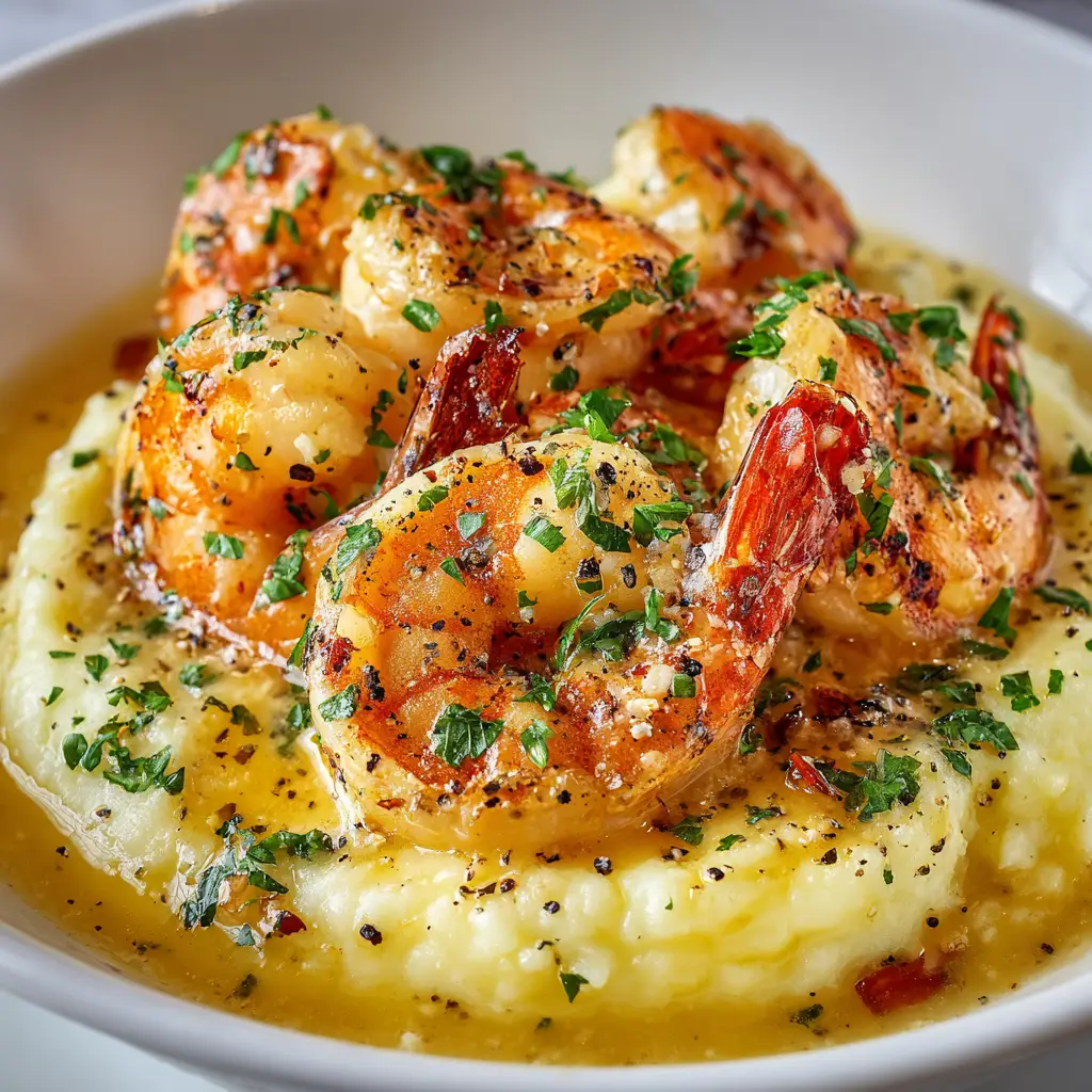 Creamy Garlic Shrimp (Ready in 20 Minutes!) 2 An extreme close-up shot of creamy garlic butter shrimp in a skillet, showing the rich texture of the cream sauce and the perfectly cooked shrimp.