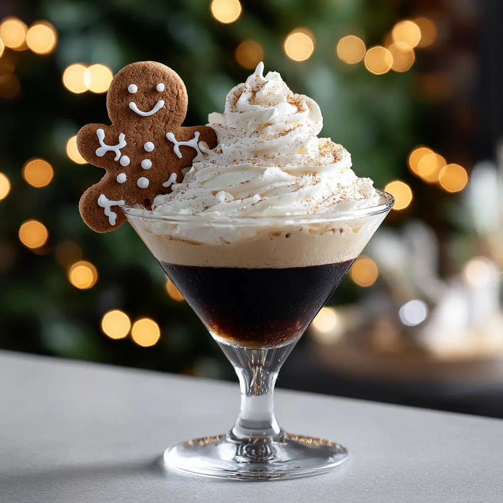 A close-up of a Christmas gingerbread martini with a crushed gingersnap cookie rim, showcasing its creamy texture.