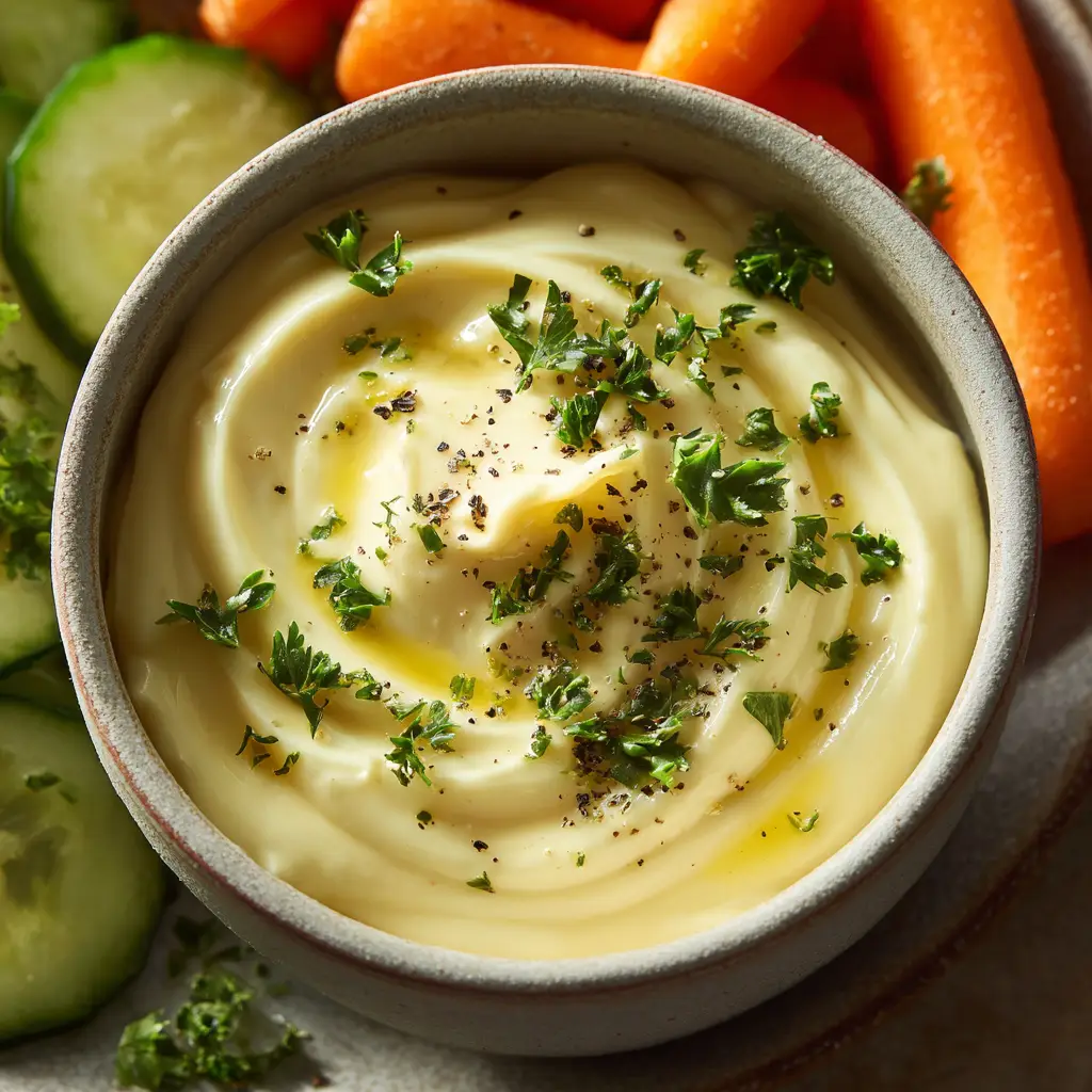 Garlic Aioli: The Best 5-Minute Recipe (So Easy!) 2 An overhead shot of creamy homemade aioli sauce in a white bowl, showing its smooth texture. A key ingredient for garlic aioli.