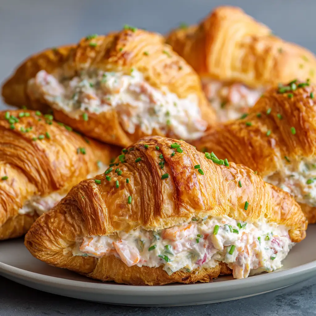 A close-up shot of a perfectly baked shrimp stuffed croissant, revealing the creamy shrimp and herb filling inside.