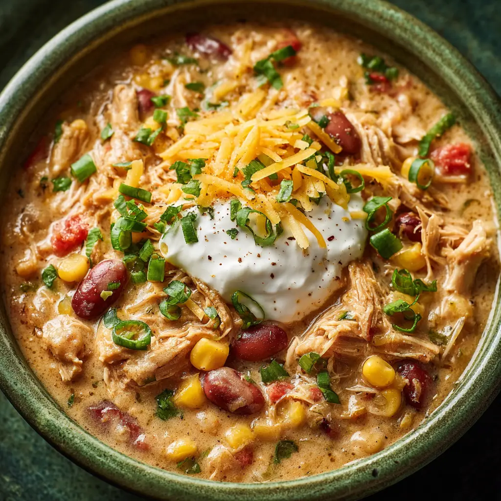 Crockpot Cream Cheese Chicken Chili (The Easiest, Creamiest Recipe!) 2 A close-up, top-down view of a hearty bowl of slow cooker white chicken chili, highlighting its creamy texture and chunks of chicken.