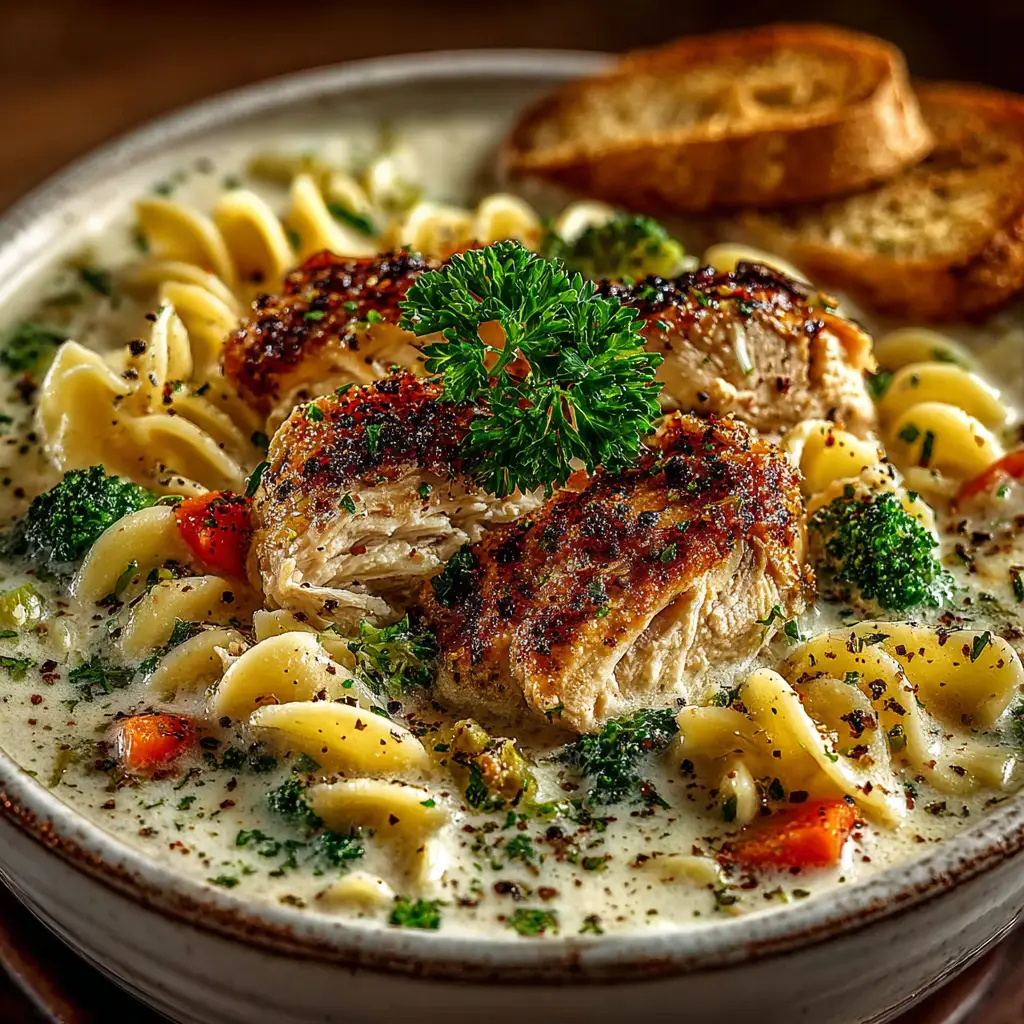 A spoonful of creamy white lasagna soup, showing the tender chicken, noodles, and rich broth.