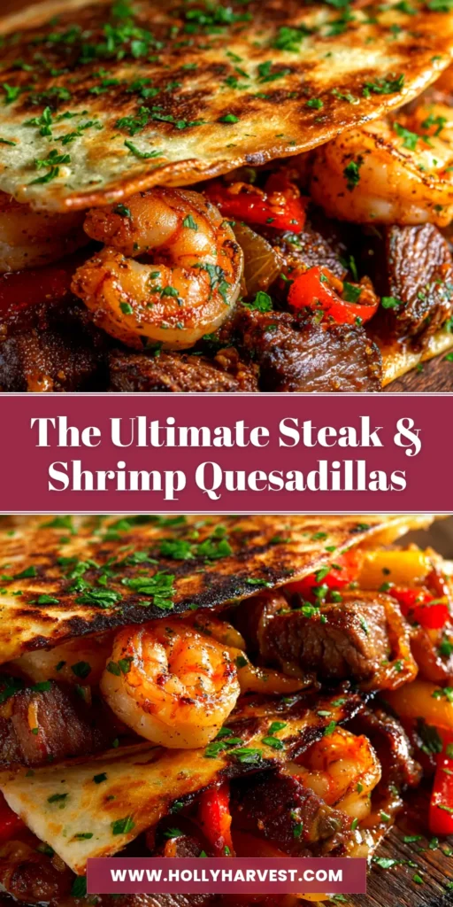 A platter of Creole Steak and Shrimp Quesadillas cut into wedges, showing the cheesy filling of steak and shrimp. A side of sour cream is visible.