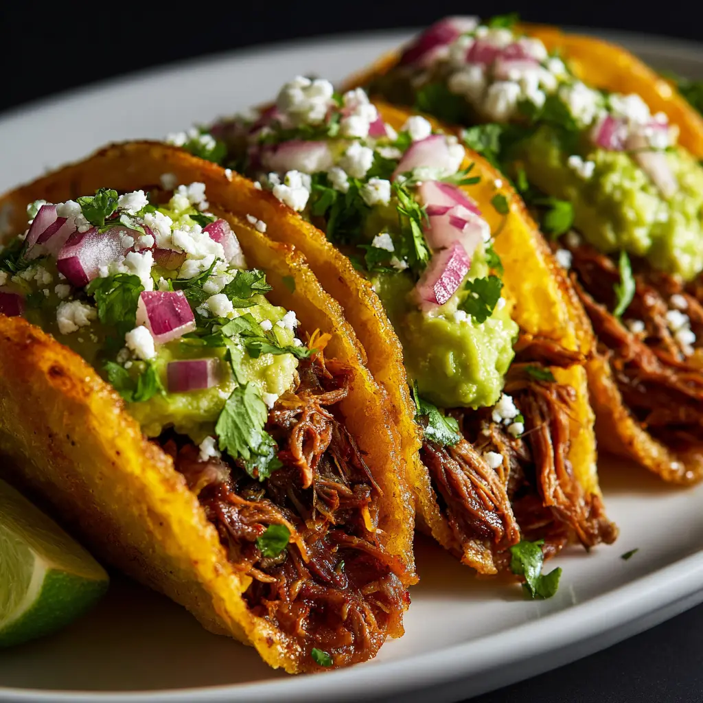 Crispy Shredded Beef Tacos (The Ultimate Recipe) 1 A trio of freshly fried crispy beef tacos standing upright, garnished with finely diced onions and cilantro, ready for serving.