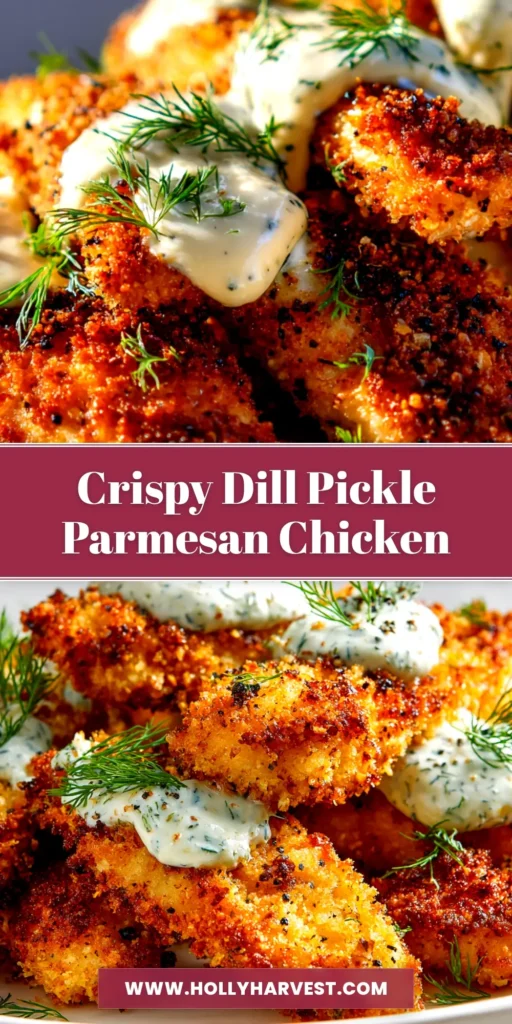 A close-up shot of crispy dill pickle parmesan chicken served on a white plate, showcasing the golden-brown crust and juicy interior.