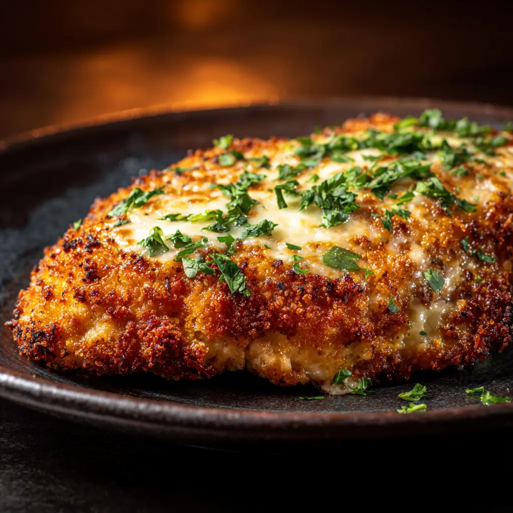 Longhorn Parmesan Crusted Chicken (The BEST Copycat Recipe) 2 An extreme close-up of the crispy parmesan crust on the chicken, highlighting the golden texture and melted cheese.