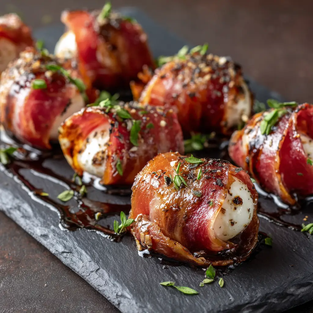 Prosciutto Wrapped Mozzarella (The Perfect 3-Ingredient Appetizer) 2 A close-up macro shot of Prosciutto Wrapped Mozzarella, showing the crispy texture of the prosciutto and the melted cheese inside. A delicious baked prosciutto mozzarella bite.