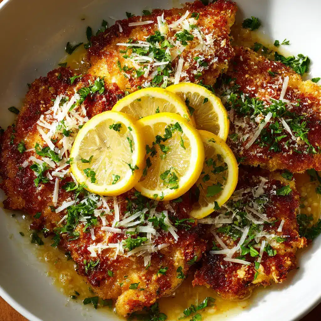 An overhead shot of golden-brown pan-fried chicken cutlets, perfectly cooked for a Lemon Chicken Romano dish. The chicken has a crispy, cheesy crust.