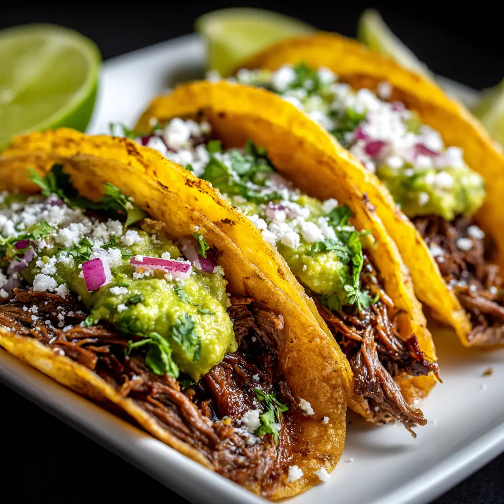 Crispy Shredded Beef Tacos (The Ultimate Recipe) 2 An extreme close-up of three crispy golden-brown beef tacos, showing the incredible texture of the fried corn tortilla and the juicy shredded beef filling.