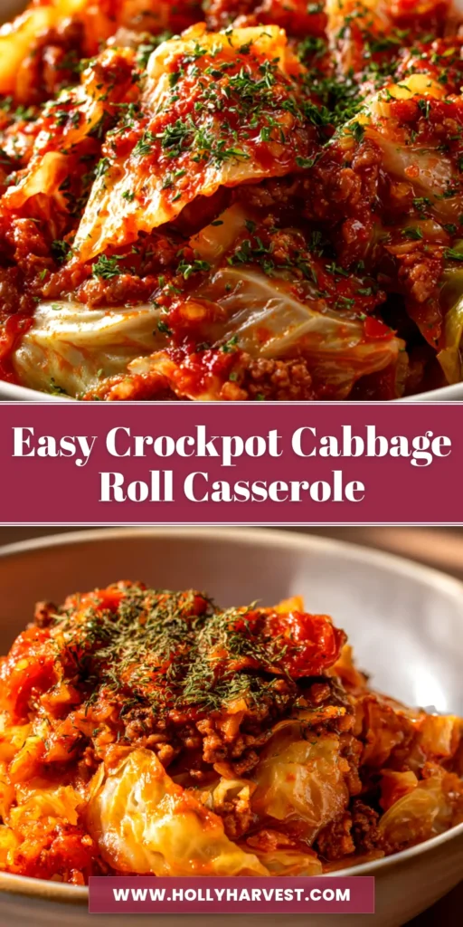 An overhead shot of a hearty Crockpot Cabbage Roll Casserole in a white serving dish, ready to be eaten. The perfect easy weeknight dinner recipe.