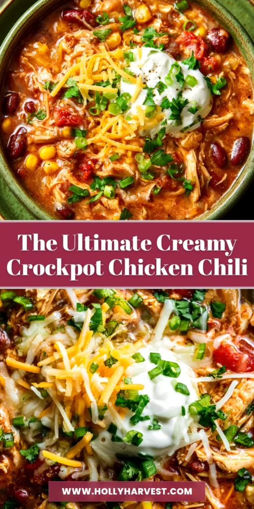 Crockpot Cream Cheese Chicken Chili (The Easiest, Creamiest Recipe!) 3 A large white bowl of creamy Crockpot Cream Cheese Chicken Chili, topped with fresh cilantro and shredded cheese, ready to be pinned.