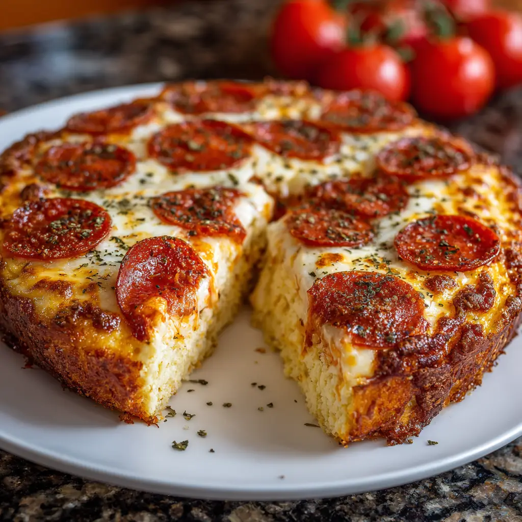 A freshly baked crustless pizza casserole made with a cottage cheese base, topped with sauce, cheese, and pepperoni.