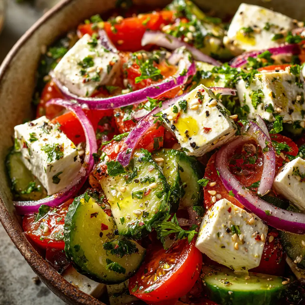 A close-up view of a cucumber tomato feta salad, showing the crisp texture of the chopped cucumbers and the creamy block of feta cheese.