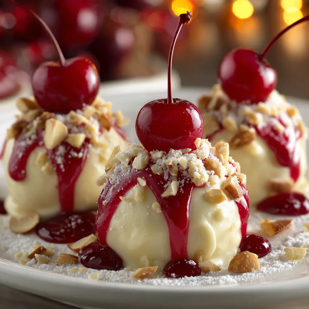 Christmas Cherry Bombs: The Perfect No-Bake Holiday Treat 1 A step-by-step process shot showing the Christmas Cherry Bombs being dipped in melted white chocolate. The festive sprinkles are nearby, ready for decorating.
