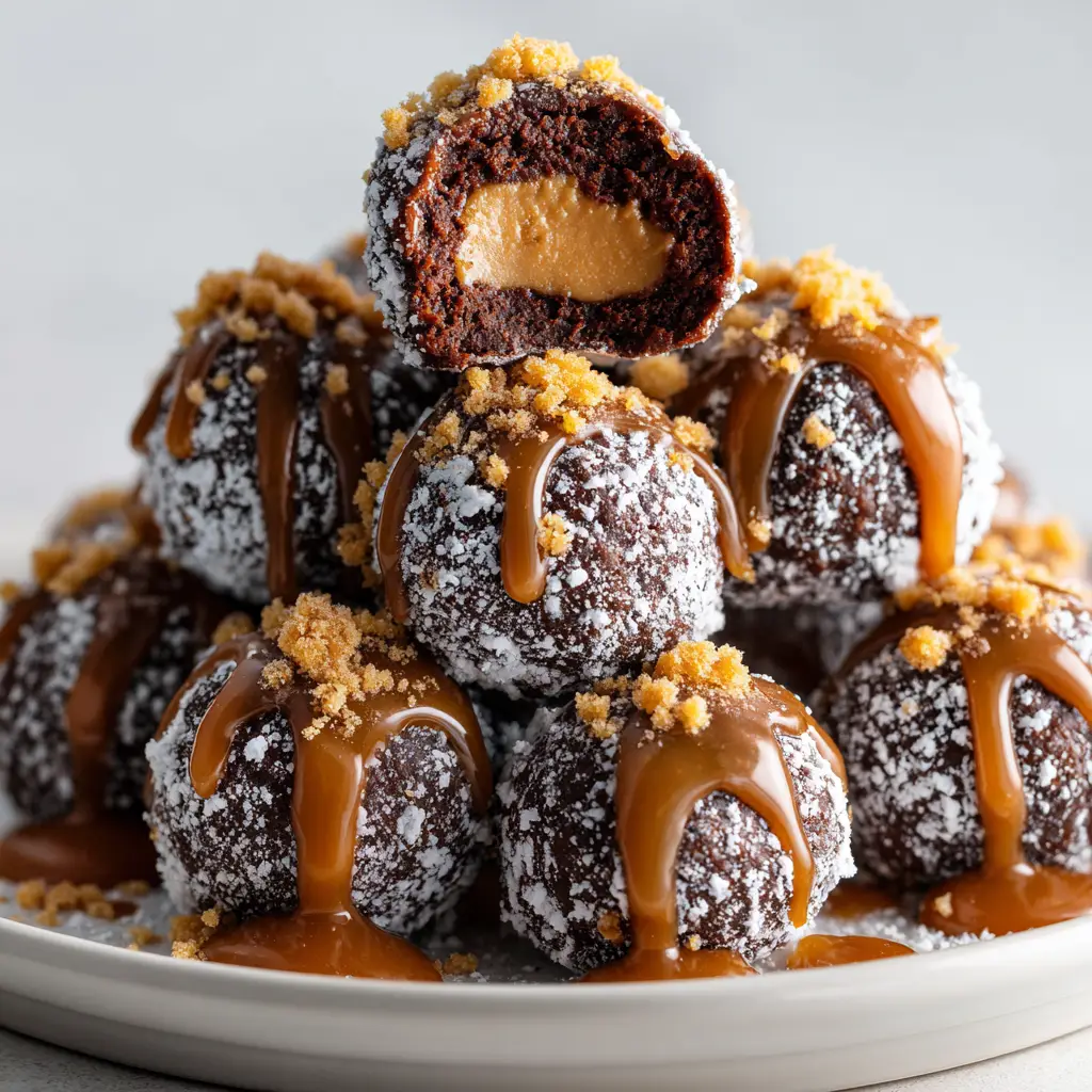 The process of dipping a peanut butter ball into a bowl of melted dark chocolate to make no-bake snowballs.