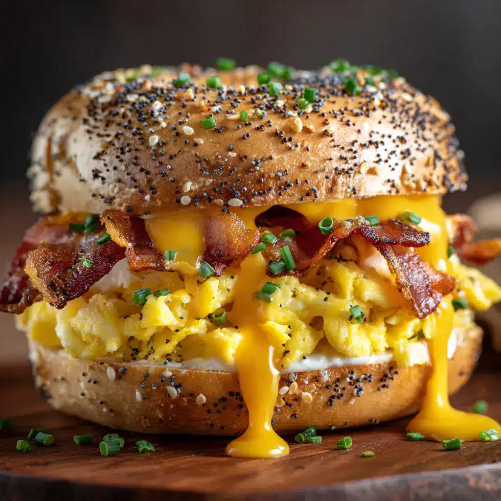 A mouth-watering, fully loaded breakfast bagel with perfectly melted cheese dripping over the side of a fluffy egg and crispy bacon.