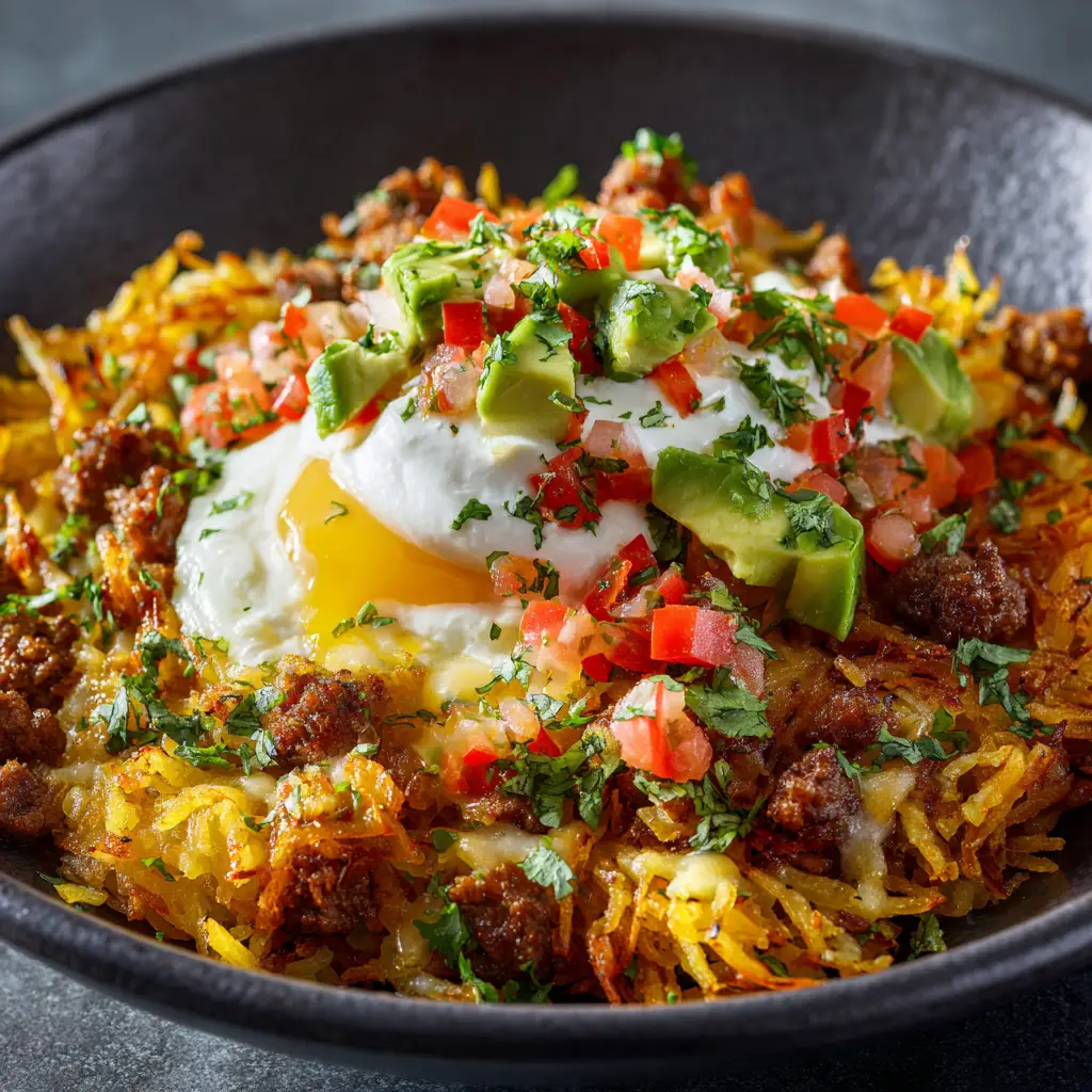 Hash Brown Breakfast Bowls: The Ultimate Customizable Recipe 1 Two prepared hash brown breakfast bowls ready to be served, emphasizing how they are a perfect meal for a family brunch or meal prep.