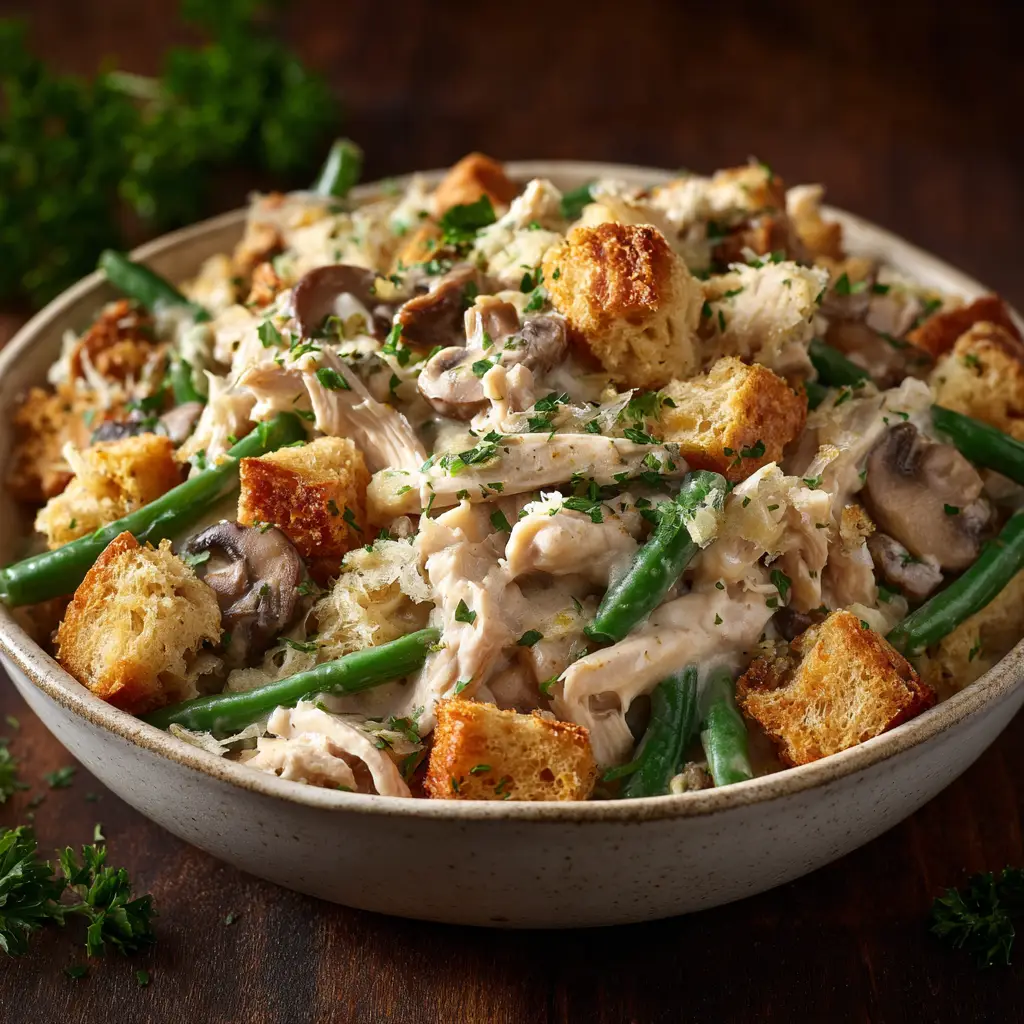 Slow Cooker Chicken and Stuffing: The Easiest Comfort Meal 1 A serving of easy chicken and stuffing casserole on a plate, garnished with fresh parsley, demonstrating a perfect weeknight comfort meal.