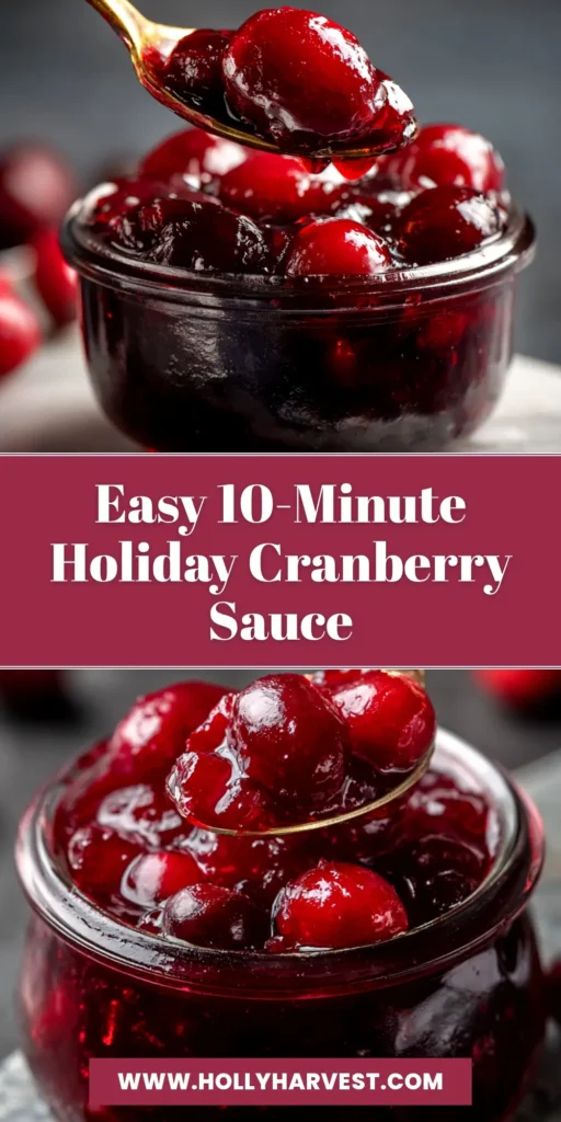 An overhead shot of an easy cranberry sauce recipe in a white bowl, garnished with fresh cranberries and rosemary, perfect for Pinterest.