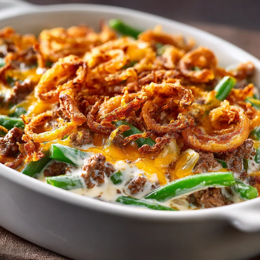 The hamburger green bean casserole baking in the oven, with the cheesy topping bubbly and golden brown. An easy casserole with ground beef and green beans.