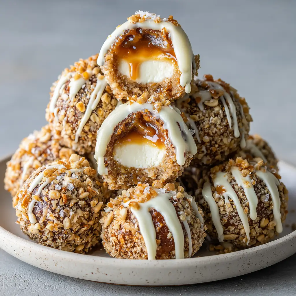 A single salted caramel pretzel cheesecake bite on a fork, showing the distinct layers of pretzel crust and creamy filling.