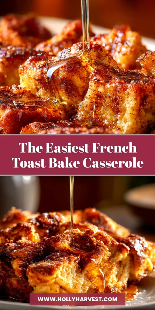 An easy overnight French Toast Casserole recipe with a crunchy cinnamon streusel topping, baked in a white dish and ready to serve for a holiday brunch.