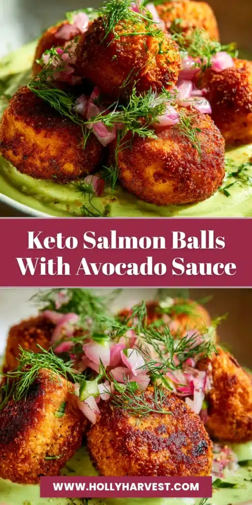 A platter of crispy golden-brown salmon balls, garnished with fresh dill and served with a side of creamy dipping sauce. The perfect easy salmon balls recipe.