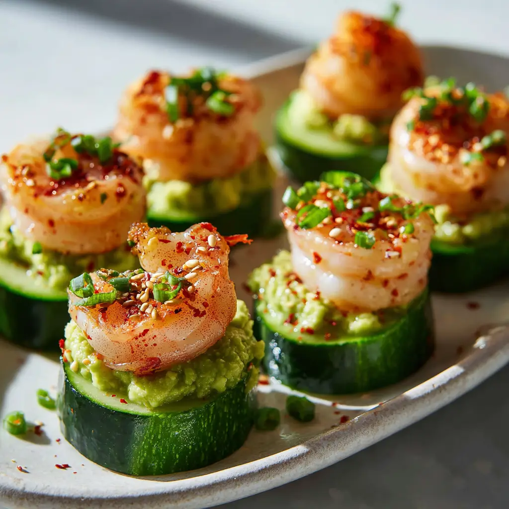 A side view of several shrimp avocado cucumber boats lined up, showcasing the generous filling and the crisp cucumber shells. This is an easy party food idea.
