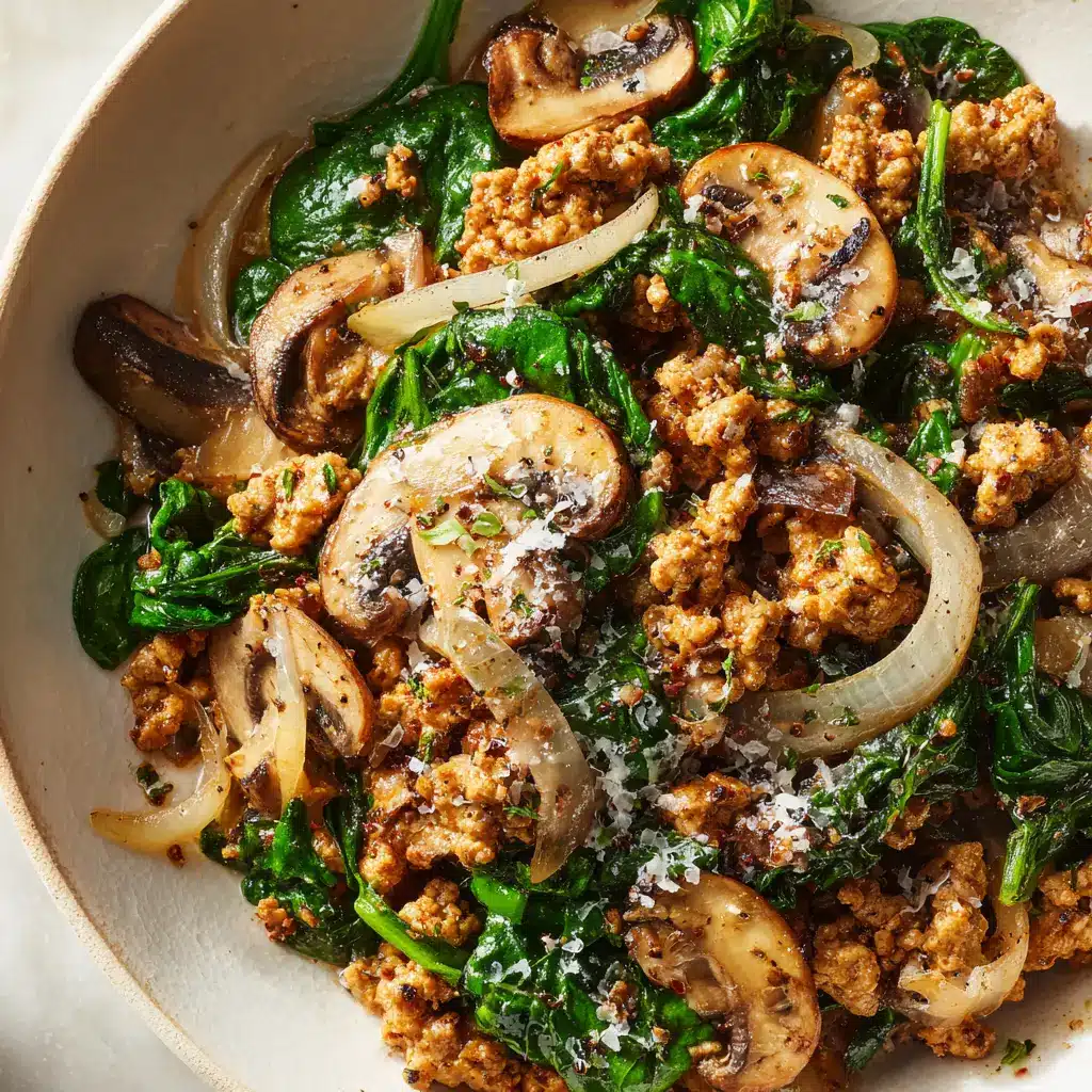 A spoonful of the Turkey Spinach Mushroom Skillet being lifted from the pan, illustrating its delicious texture and fresh ingredients. Perfect for an easy one-pan dinner.