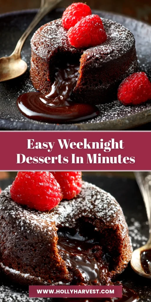 A beautiful overhead shot of two easy weeknight desserts: molten chocolate lava cakes on dark plates, one cut open to reveal a gooey center.