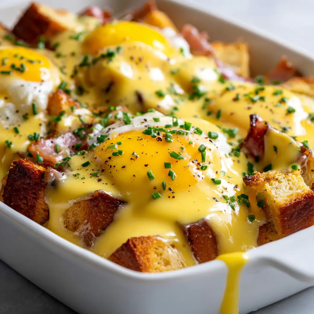 Eggs Benedict Casserole (The Ultimate Holiday Brunch Recipe) 1 The rich and creamy texture of the inside of the make-ahead breakfast casserole, showing layers of egg, Canadian bacon, and English muffin.