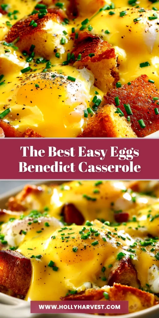 Eggs Benedict Casserole (The Ultimate Holiday Brunch Recipe) 3 A delicious slice of Eggs Benedict Casserole on a white plate, topped with creamy hollandaise sauce and fresh chives. The perfect make-ahead holiday brunch recipe.