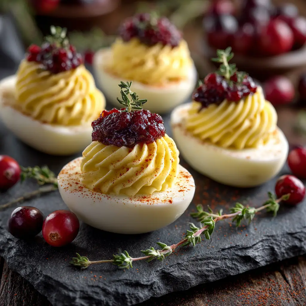 Cranberry Deviled Eggs: The Perfect Holiday Appetizer 2 A close-up view of two cranberry deviled eggs, highlighting the creamy yolk filling and bright red cranberry topping.