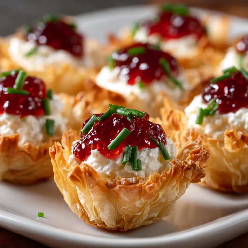 A tray of freshly assembled cranberry pepper jelly appetizers ready to be served at a Christmas or Thanksgiving party.