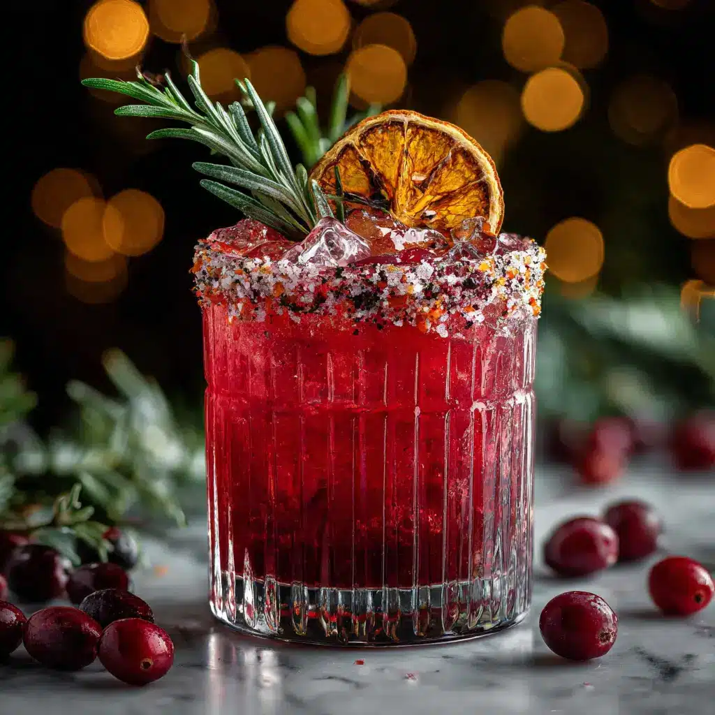 A close-up of a vibrant red festive gin cocktail in a coupe glass, garnished with a single sprig of rosemary.