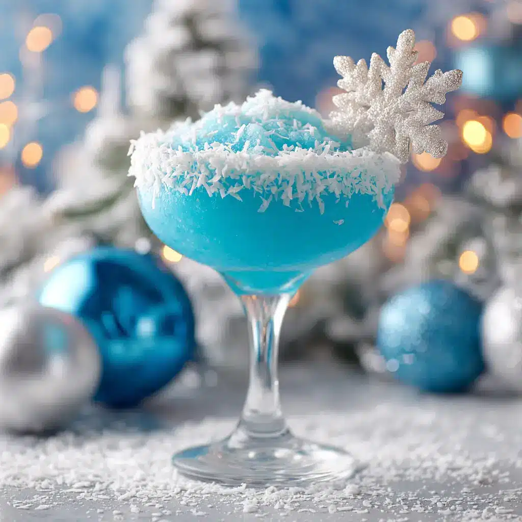 Two finished Jack Frost Cocktails in martini glasses with snowy coconut rims, set against a festive background.