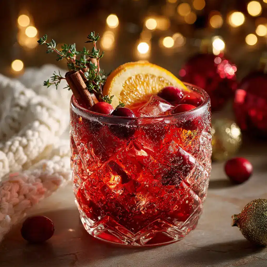 A close-up shot of a glass of festive non alcoholic punch, showing the bubbles and a garnish of a fresh cranberry and rosemary sprig.
