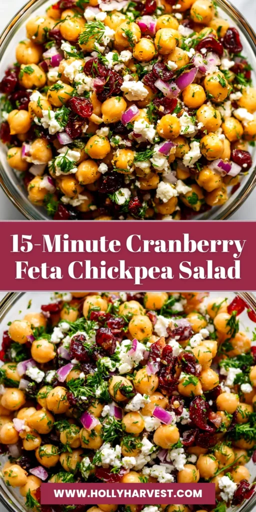 A close-up overhead shot of the Feta and Cranberry Chickpea Salad in a white bowl, ready to be pinned. The vibrant colors of the cranberries and parsley stand out.