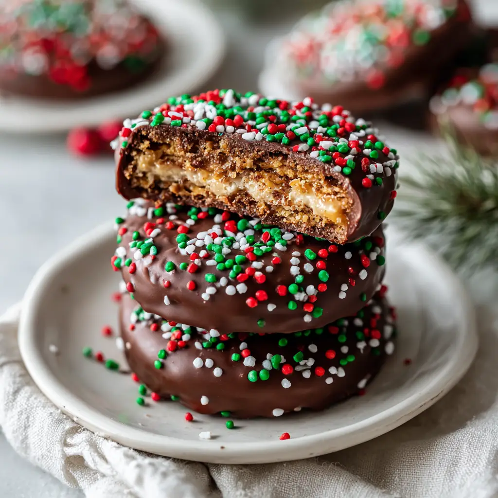 Chocolate Peanut Butter Stacks: The Easiest No-Bake Treat 1 A stack of three round chocolate-covered haystacks ready to eat, a perfect example of no-bake chow mein noodle cookies.