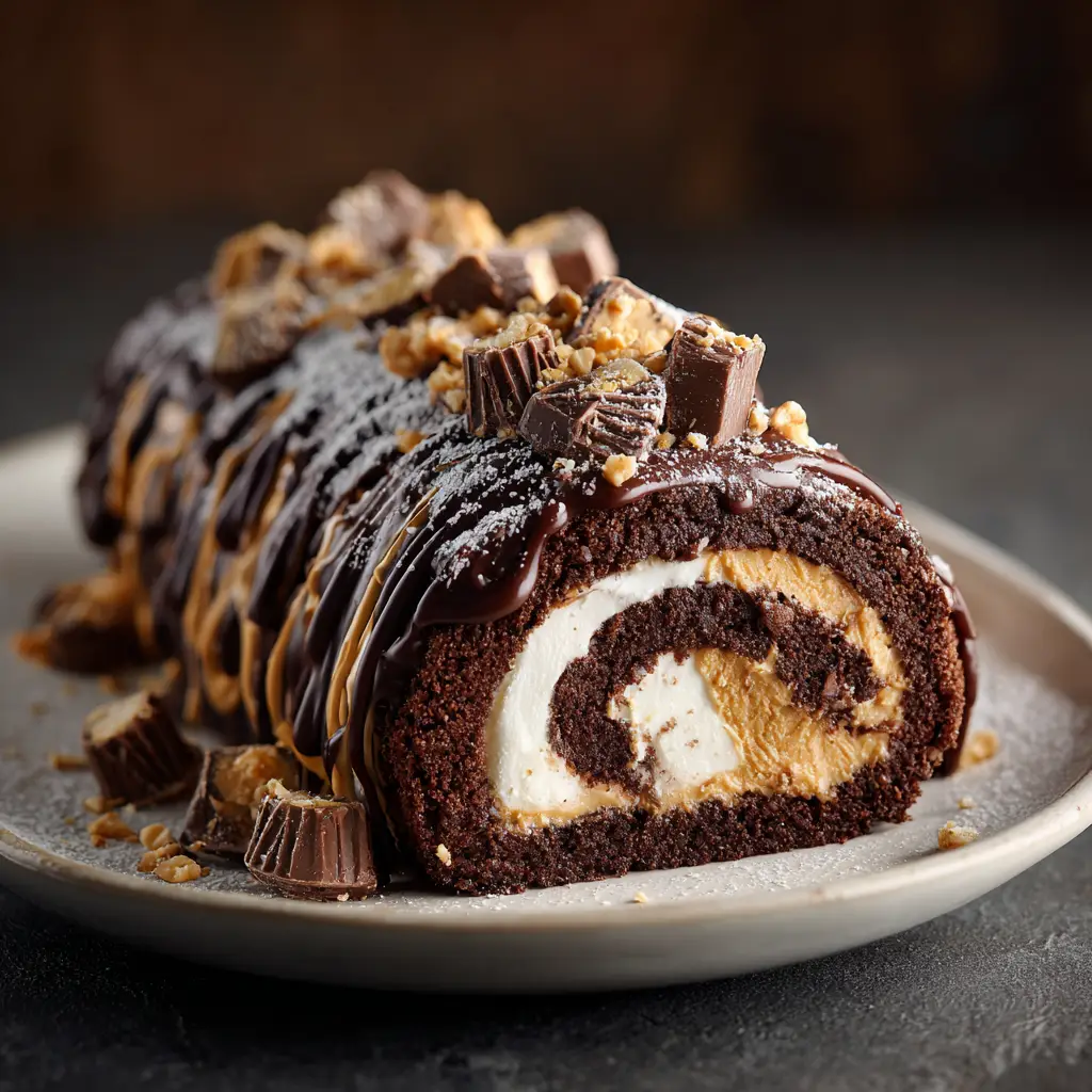 Peanut Butter Cup Chocolate Roll (No-Fail Recipe!) 1 The finished Peanut Butter Cup Chocolate Roll, covered in glossy chocolate ganache and topped with chopped peanut butter cups.