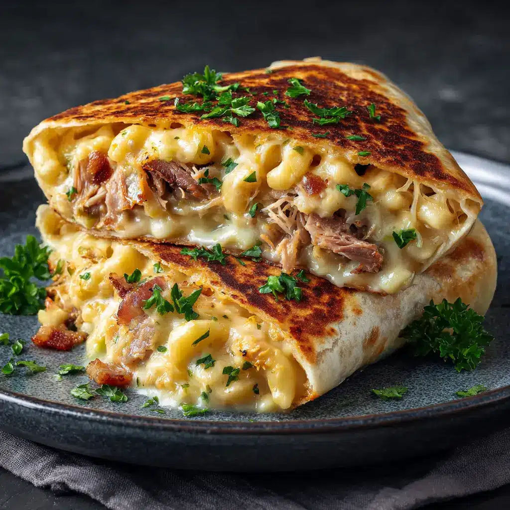 Two finished Pulled Pork Mac & Cheese Wraps stacked on a plate, showing off their crispy exterior and generous size.